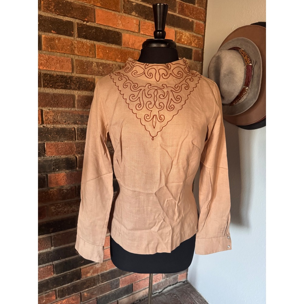 Vintage Tan Soutache Embroidered Mock Neck Blouse Pearl‎ Snap Back Long Sleeve